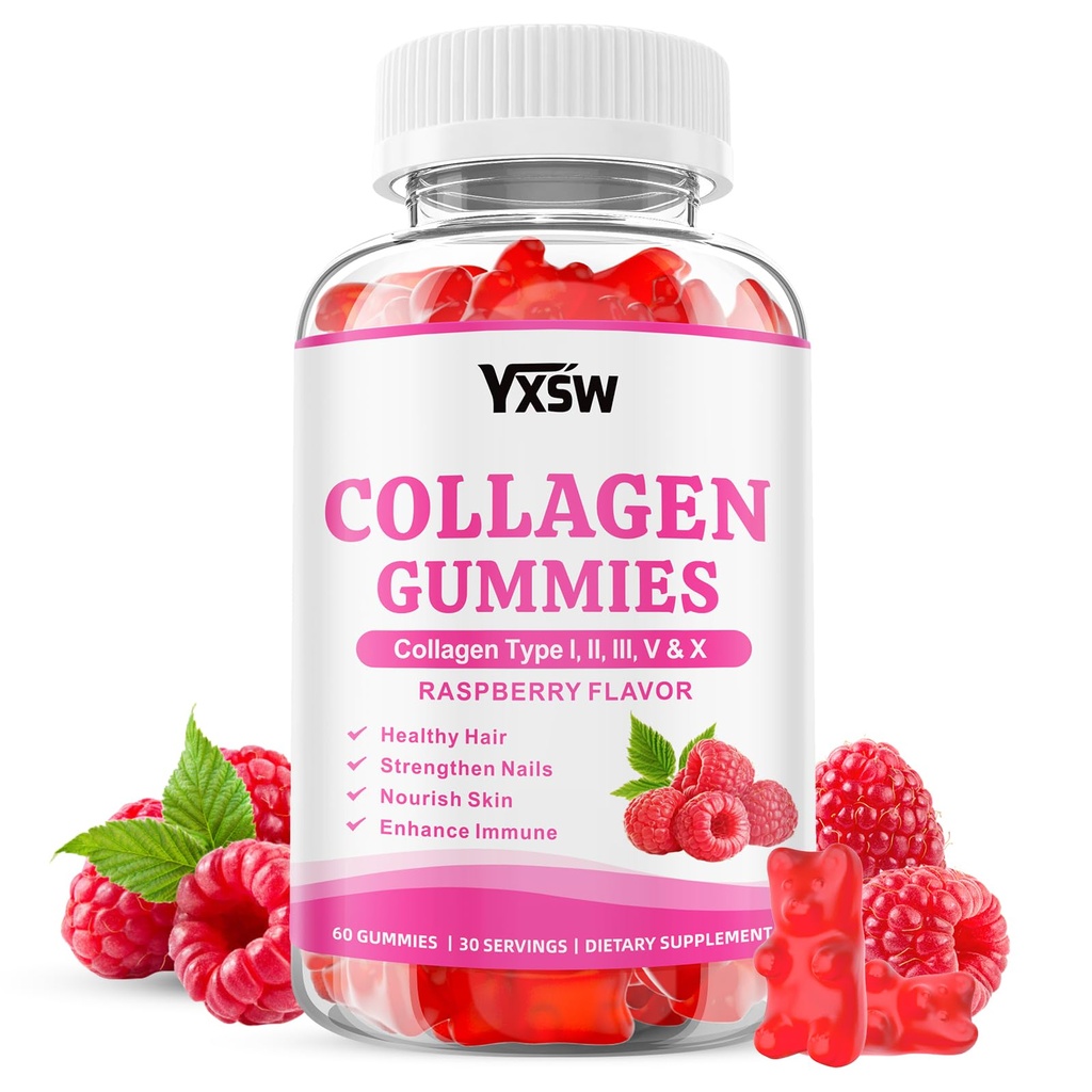 Collagen Gummies for Women Men, Hydrolyzed Collagen Protein Type I II III V X with Biotin Vitamin C A B D E Hyaluronic Acid for Hair, Skin, Nails, Joint, Immune Support, Raspberry Flavor, 60 Count