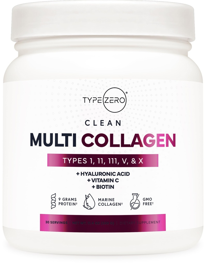 Type Zero Multi Collagen Powder 30 Servings (Unflavored) - Types I, II, III, V, & X Collagen Peptides + Hyaluronic Acid, VIT C, Biotin