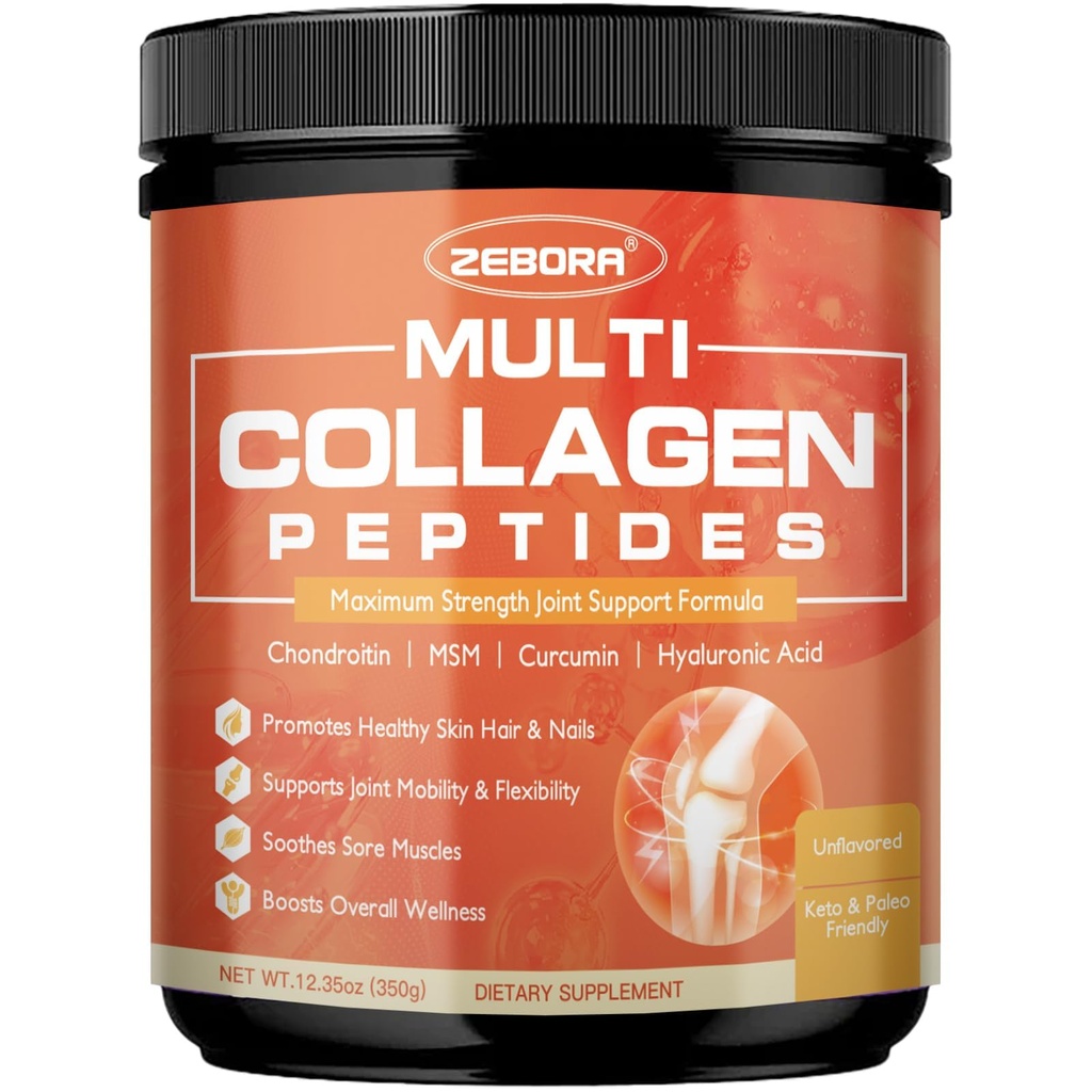 ZEBORA Multi-Collagen-Peptides-Powder with MSM & CS for Joint, Type I II III V X Hydrolyzed Collagen Peptides with Hyaluronic Acid & Vitamin C for Women and Men Hair, Skin, Nails, Non-GMO, 35 Servings