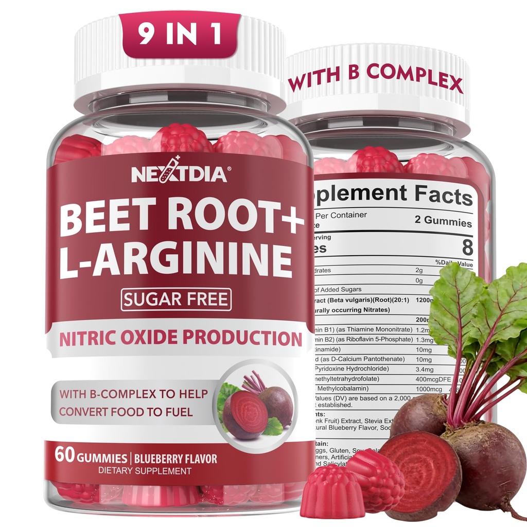 Repa koreňové Gummy a L-arginín, Doplnky oxidu dusnatého pre mužov a ženy w/Organic Beets, B1, B2, B3, B5, B6, Folát, B12 pre podporu zvyšovania a obehovania energie, bez cukru, 120 Cts