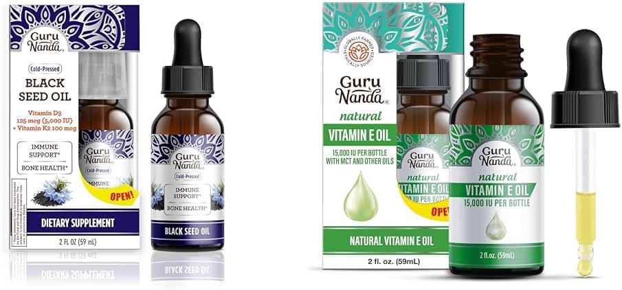 GuruNanda Black Seed Oil, za studena pretlačený Nigella Sativa - bohatý na vitamín D3 5000 jednotiek, K2 & E & Vitamin E Oil (2 Fl Oz) - 100% Pure & Natural, 15 000 IU na fľašu na kožu, vlasy, tvár