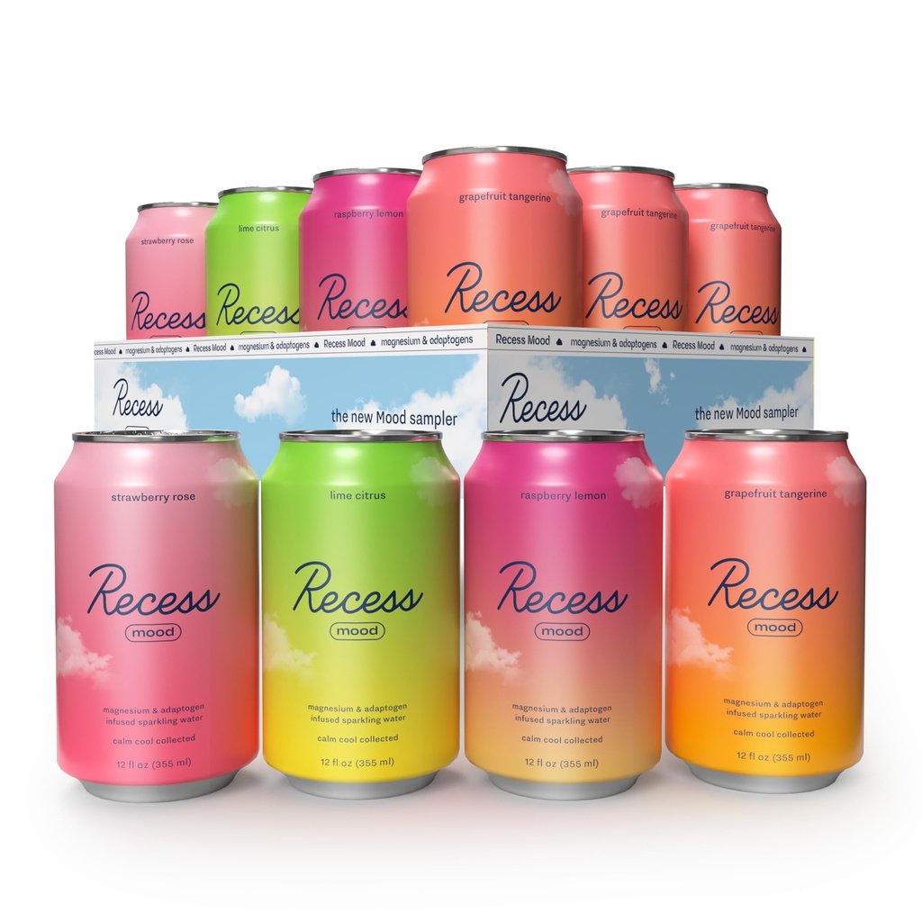 Recess Mood Magnézium & Adaptogen Drink, Relaxačný nápoj, 12 Ounce (Variety balenie, 12 balenia)