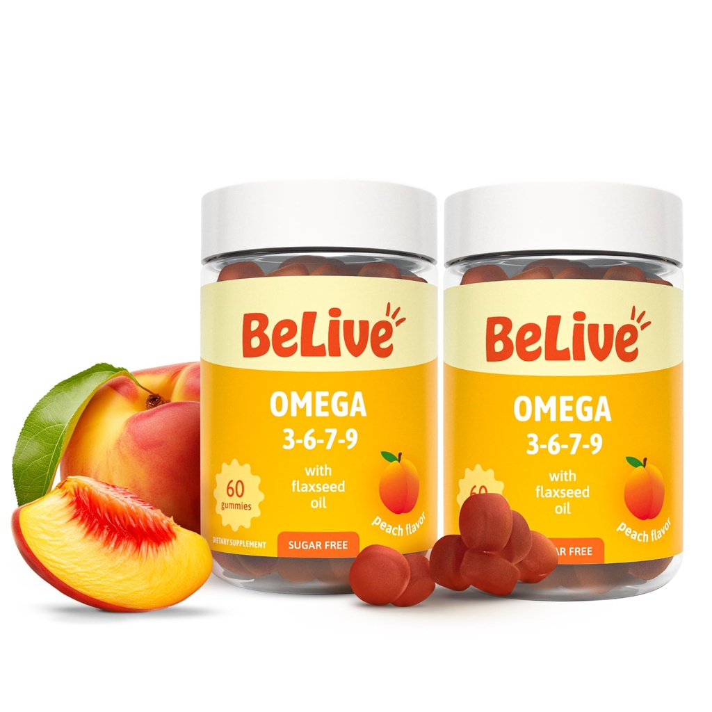 BeLive Organic Omega 3 Gummies - Omega 3 6 9 7 DHA & EPA z ľanového oleja a Sea Buckthorn Fruit Oil, Vegan, pre deti a dospelých, plné telo, Mozog a podpora očí, bez cukru 