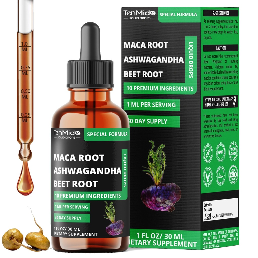 10in1 Maca Liquid Drops with Ashwagandha, Fenugreek, Beet Root, L-Arginine,Turmeric,Ginseng & More - 30 Days Supply - 1FL Oz