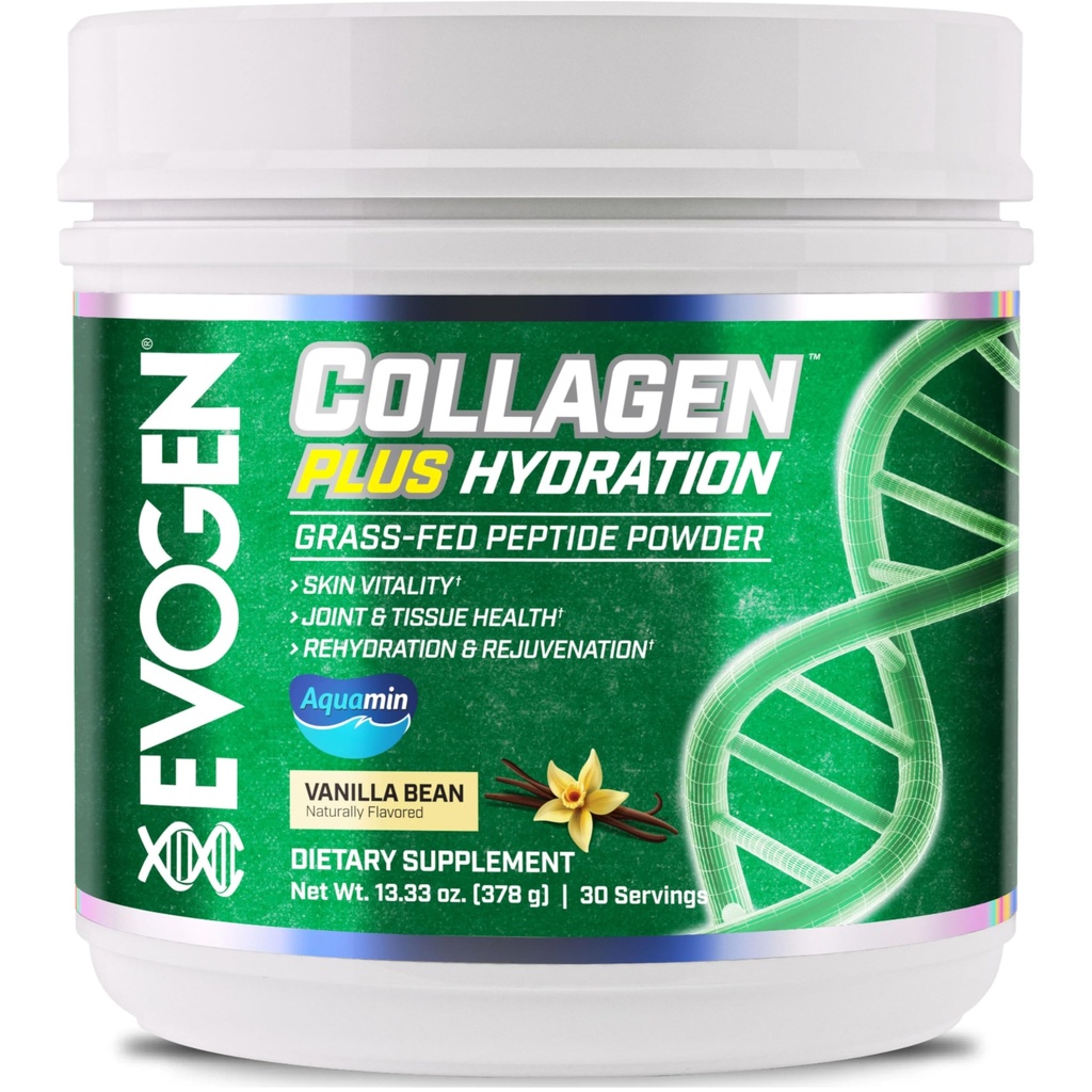 Evogen Collagen Plus Hydration - Grass-Fed Collagen for Women & Men | Collagen Peptides Powder | Collagen Powder Supporting Skin Vitality, Hydration, Joint & Tissue Health | Vanilla Bean | 30 Servings