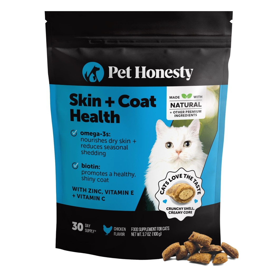 Cat Skin & Coat Health Chrumkavé a krémové žuvačky - Omegas, vitamín C + E, Biotin Supplement, Upokojuje pokožku a podporuje lesklé kabáty, mačacie doplnky a vitamíny - kuracie (30-Deň dodávky)