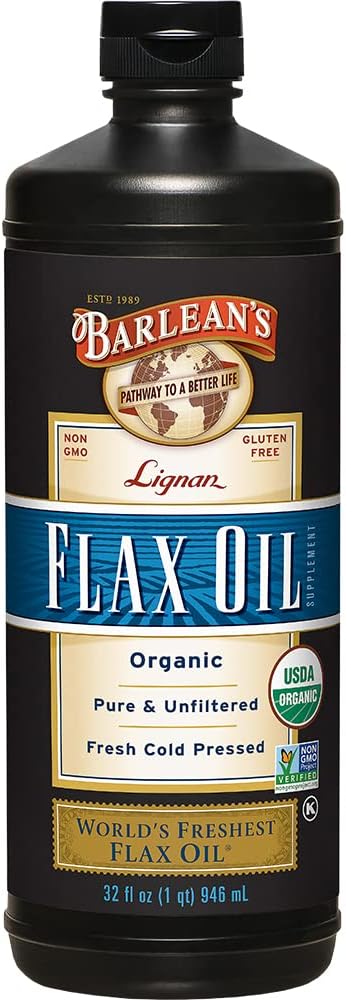 Barlean's Organic Lignan Omega 3 Ľanový olej Liquid Supplement for Men and Women, Cold Press Ľan Seeds, 7230mg ALA Mastné kyseliny, Vegan and Gluten Free, 32 oz