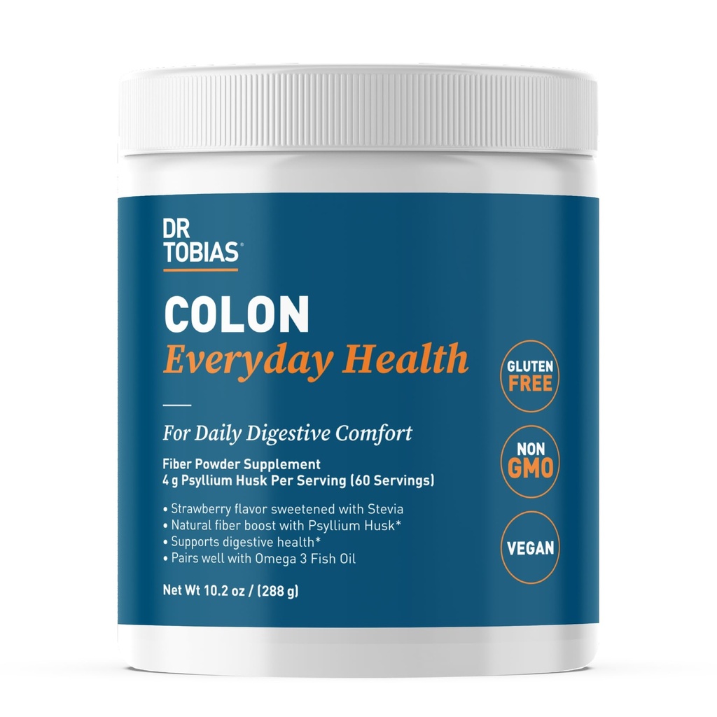 Dr. Tobias Colon Každý deň zdravie - Gut zdravie pre ženy a mužov - Psyllium Fiber Powder Drink s 4g Psyllium Husk Powder per Serving, Vegan, Gluten Free, non-GMO, Jahodová chuť, 60 Servings