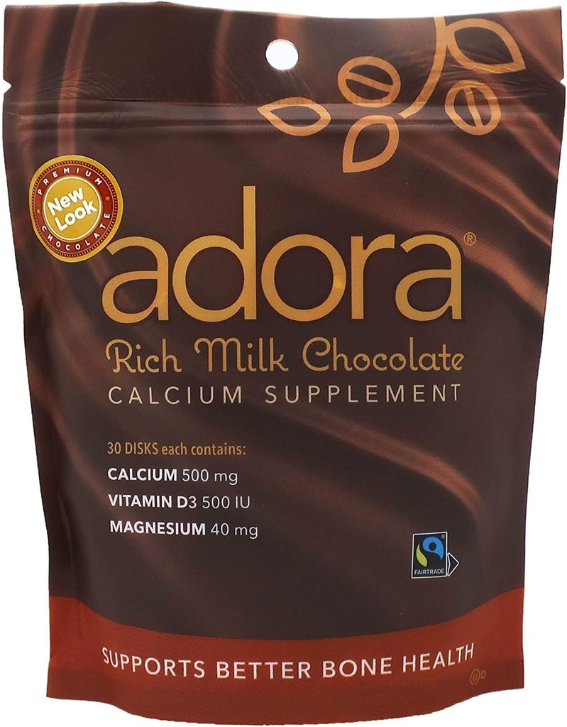 Adora Premium Vitamín D3 Horčík a vápnik Supplement, 500 mg, Mliečna čokoláda, počet 30 (Pack of 2)