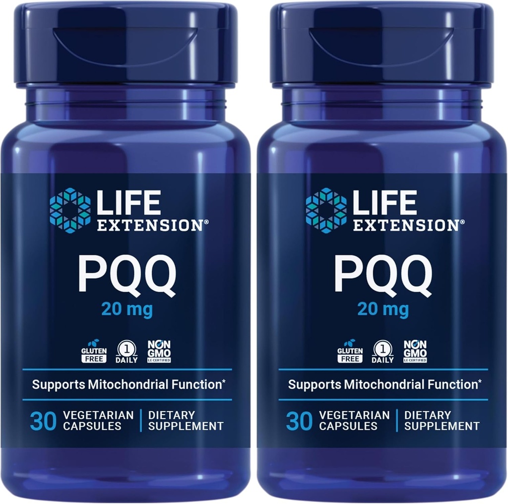 Life Extension PQQ (Pyrroloquinoline Quinone) 20mg Promotes The Growth of New Cellular Mitochondria - Gluten-Free, Once-Daily, Non-GMO, Vegetarian - 30 Vegetarian Capsules (Pack of 2)