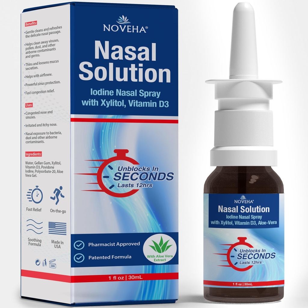 NOVEHA Nosový sprej 1% Povidón-jódny sprej, vitamín D3, Aloe-Vera - čistiaci prostriedok proti nosu (30ml)