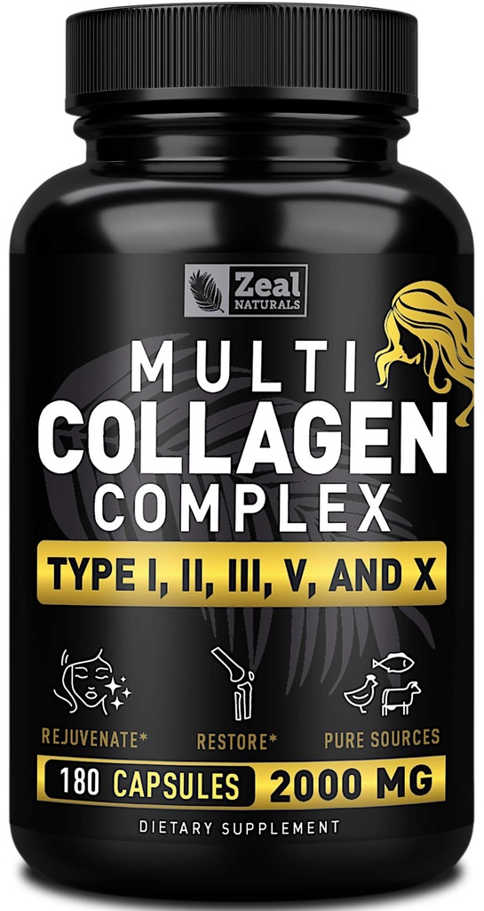 Multi Collagen Peptidy Tabletky (Typy I,II,III,V,X) Grass Fed Collagen Pills (180 Kapsule) - Hydrolysate Collagen Protein Blend pre vlasy, kožu, nechty a spoločnú podporu - Collagen Pills pre ženy