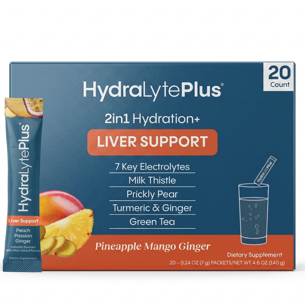 Hydralyte Podpora pečene + Electrolyte Mix s mliekom bodliak, kurkuma, zázvor, priehlbitý pear, zelený čaj extrakt formulovaný pre rýchlu rehydratáciu (Pineapple Mango Ginger, 20 paketov)