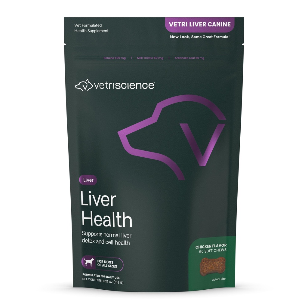 VetriScience Liver Health Chews with Milk Thitle, Vetri Liver Detox Supplement for Dogs, Turmerica and Artichoke Leaf for Liver Support and Detoxification, Chicken, 60 Count