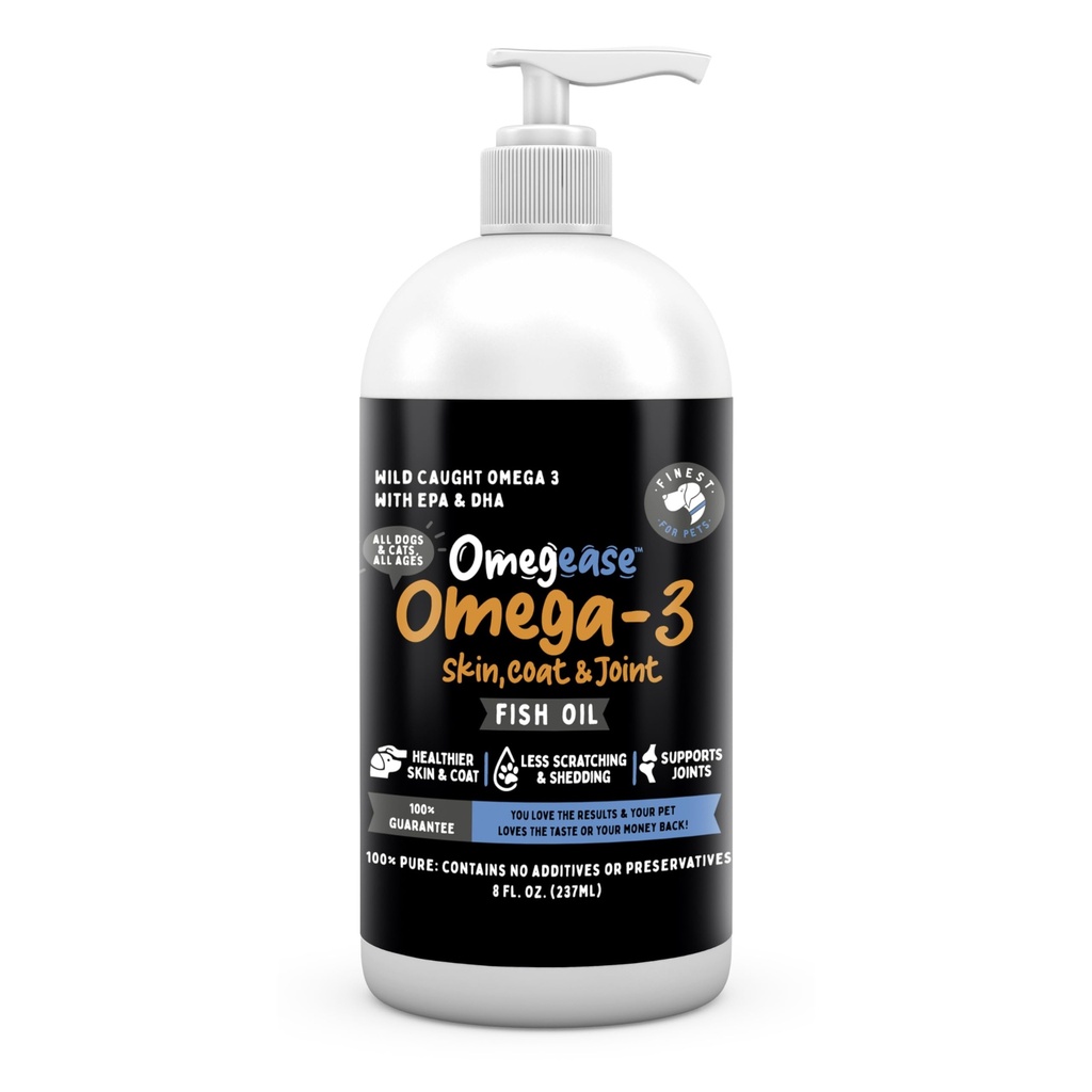 Omegeáza Rybí olej pre psy a mačky - Najjemnejšie pre domáce zvieratá Omega 3 pre mačky a psy - Supplement for Skin & Coat, Svrbenie, Shedding, Joints & Immune Health - 100% Pure Omega Fish Oil with EPA & DHA (8 oz)