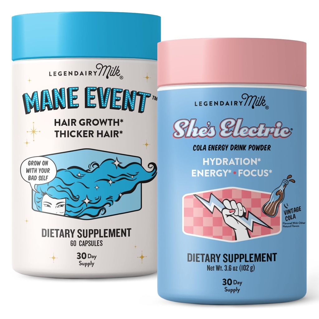 Legendairy Milk Mane Event Hair Growth Vitamins + She’s Electric Clean Energy Electrolyte Drink Mix for Women