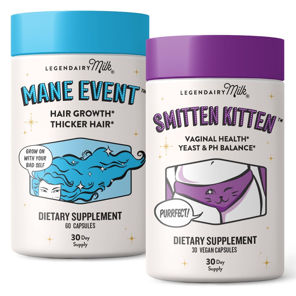 Legendairy Milk Mane Event Hair Growth Vitamins + Smitten Kitten Vaginal Probiotic for Women’s Intimate Health