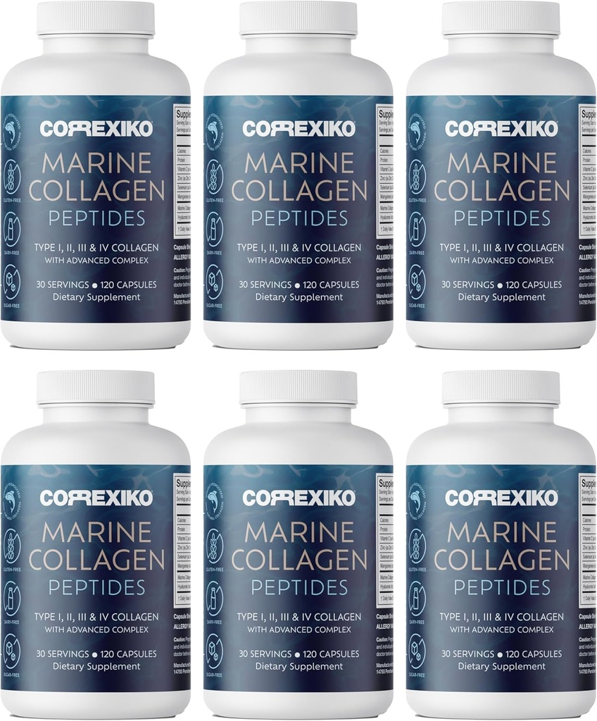 CORREXIKO Marine Collagen Supplement Pills - 1800mg Hydrolyzed Collagen Peptides per Serving with Added Hyaluronic Acid, Vitamín C & Minerals - pre vlasy, kožu a nechty - 720 Kapsule 6 mesiacov