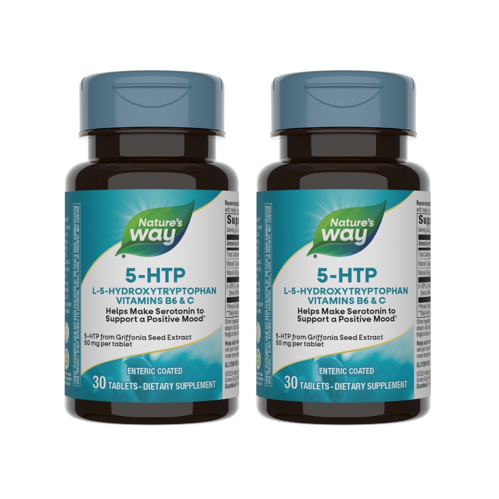 Nature's Way 5-HTP, L-5-Hydroxytryptofán, pomáha vytvoriť serotonín na podporu pozitívneho výhľadu*, vitamín B6, vitamín C, Griffonia Bean Extract, 30 tabliet (Backaging May Vary) - 2 balenie