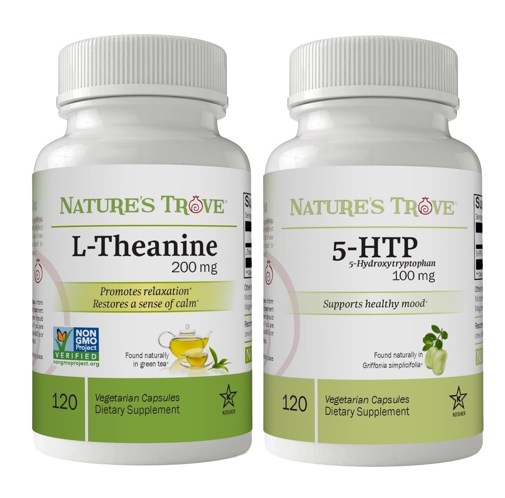 Nature's Trove L- Theanine 200 mg 120 Vegetariánov Kapsule & 5- HTP 100 mg 120 Vegetariánov Kapsule - Pokoj a zdravá nálada Stack