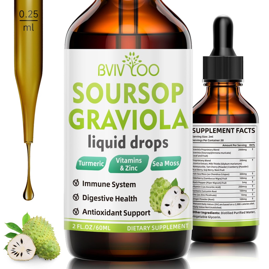 Soursop Graviola Liquid Drops - 2000mg Pure Soursop Extract Blend with 300mg Sea Moss & 100mg Elderberry - Výkonná podpora buniek, Antioxidant-Rich, Immune-Boosting - 2 Fl Oz (60ml) Fľaša