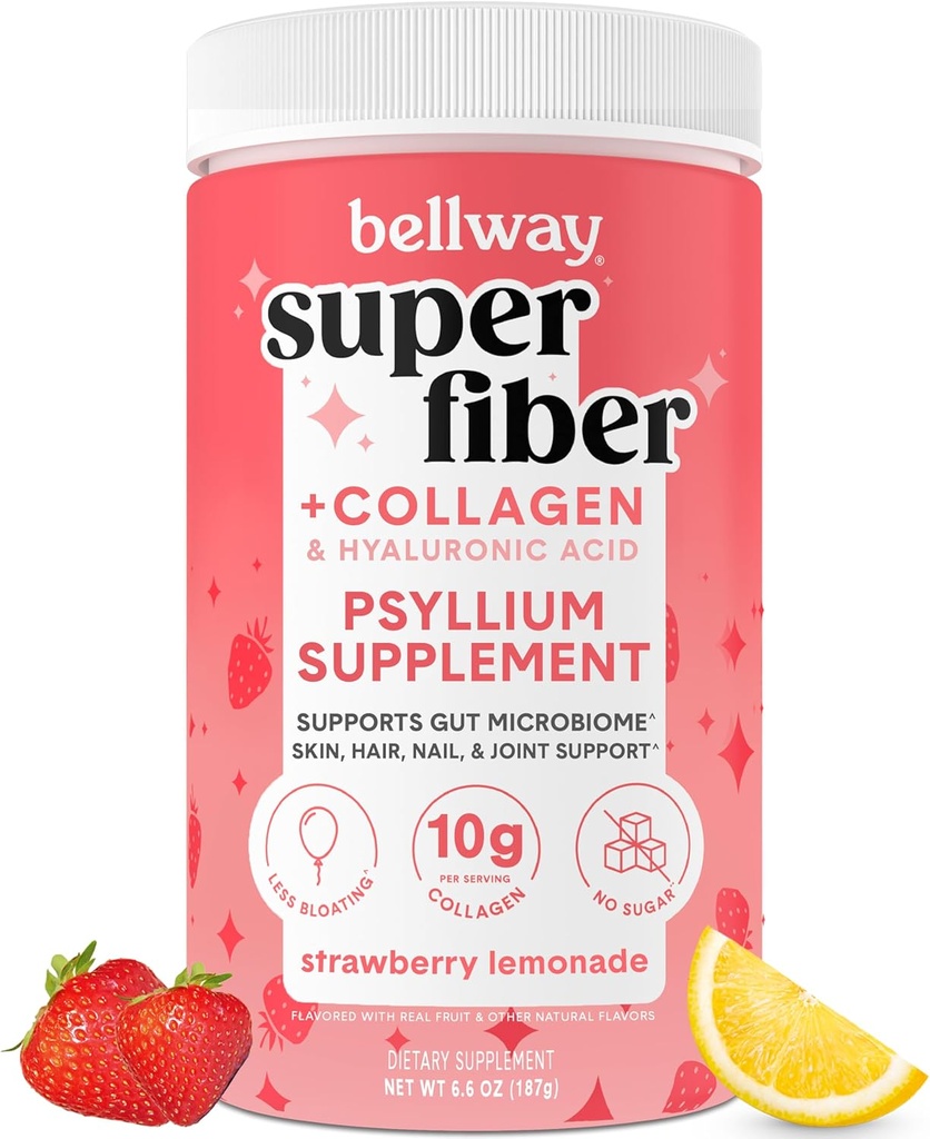 Bellway Super Fiber Powder + Kolagén, bezcukrový Psyllium Husk Powder s kolagénom Peptidy a kyselina hyalurónová pre zdravie Gut, zdravá koža, nechty, kosti a kĺby, jahodová limonáda (11 Servíry)