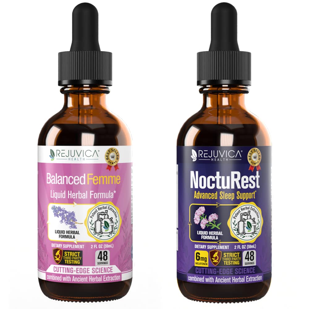 Rejuvica Zdravie Balanced Femme + NoctuRest - Podpora Ženská rovnováha + spánok - Liquid Delivery for Better Absorbtion - Dong Quai, Melatonin, Maca, Chops, harmanček, Theanine & Viac!