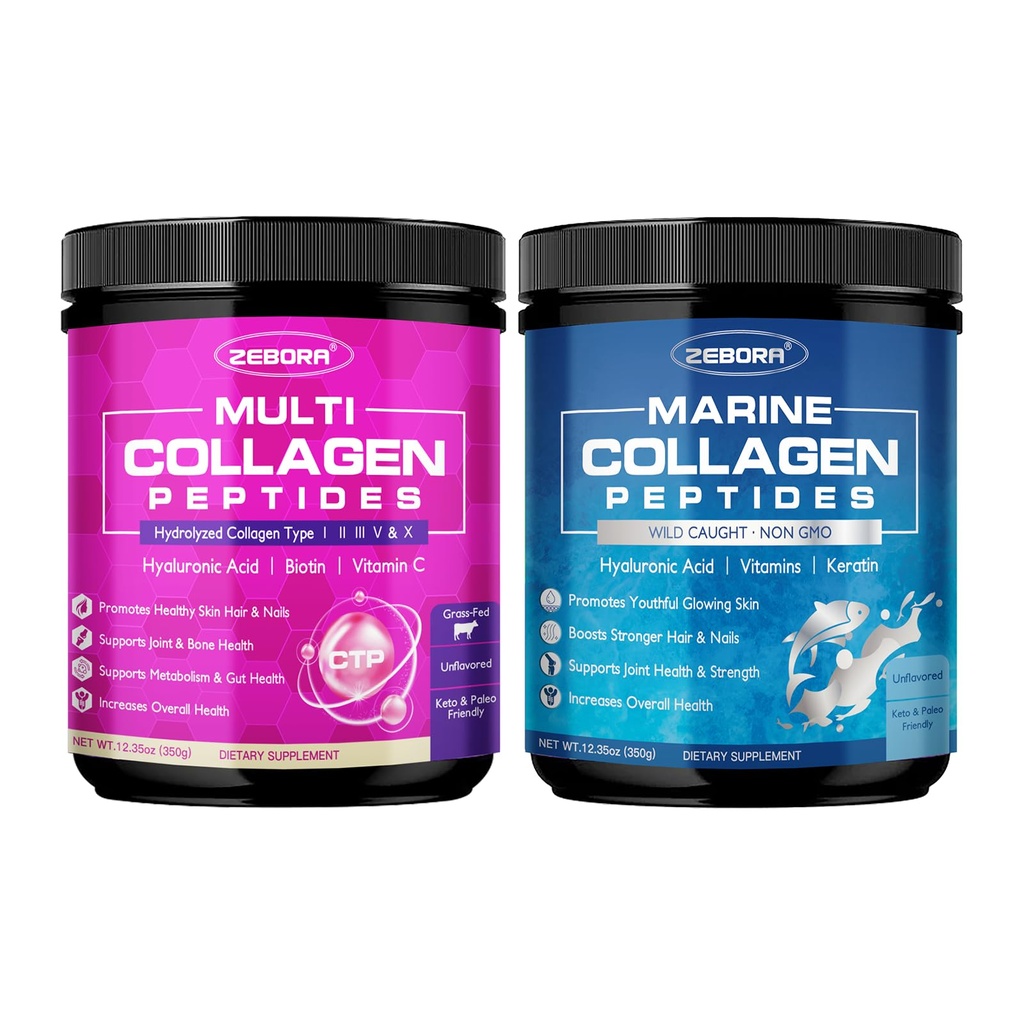 ZEBORA Marine Collagen Peptides Powder with Hyaluronic Acid, Keratin - Hydrolyzed Collagen Type I II III V X - Support Skin Hair Nail Joints, Non-GMO, Unflavored, Keto Friendly