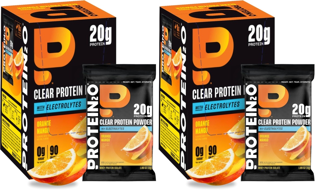 Protein2o 20g Whey Protein Isolate Clear Protein Powder, 370mg of Electrolytes, Vitamins B5 & B6, Sugar Free, Orange Mango, 16-Pack