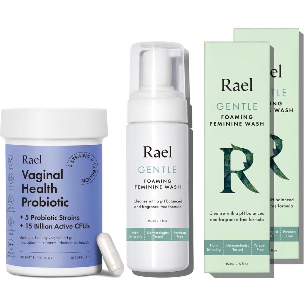 Rael Bundle - Probiotics Supplements for Women, Digestive Enzymes, Urinary Tract Health (30 Day Supply) & Foaming Feminine Wash, pH Balance (5oz, 2 Pack)
