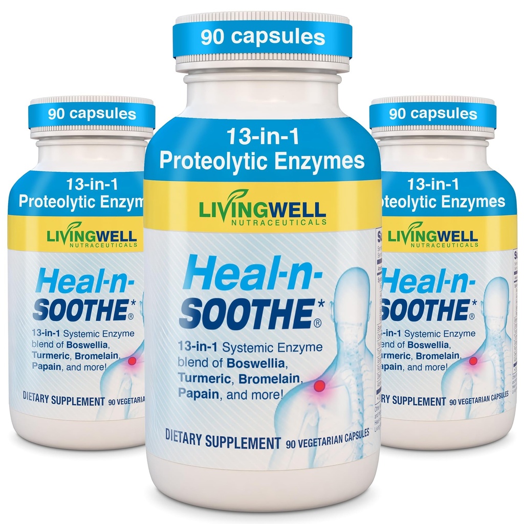 HEAL-N-SOOTHE Spoločné podporné doplnky - Proteolytické enzýmy ako Hypromelain & Papain, s Boswellia, Turmerica & Ginger- podporuje proteínové tráviace funkcie & Body Defense Wellness- 90 Počet (3 balenia)