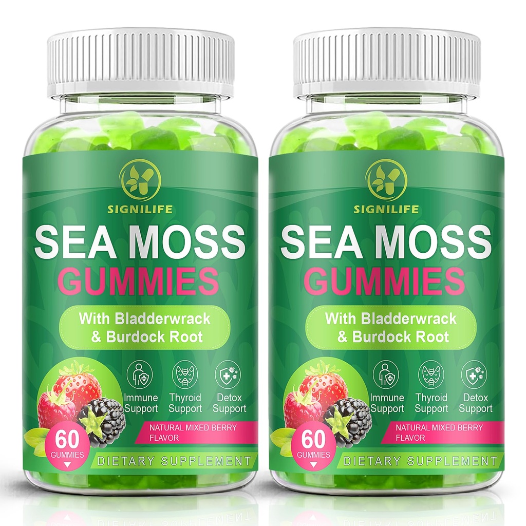 Organic Sea Moss Gummies,with Black Seed Oil,Bladderwrack,Burdock Root, Vegan Irish Sea Moss Gummy Vitamins for Immune, Thyroid and Detox Support, Gluten-Free - 120 Gummies