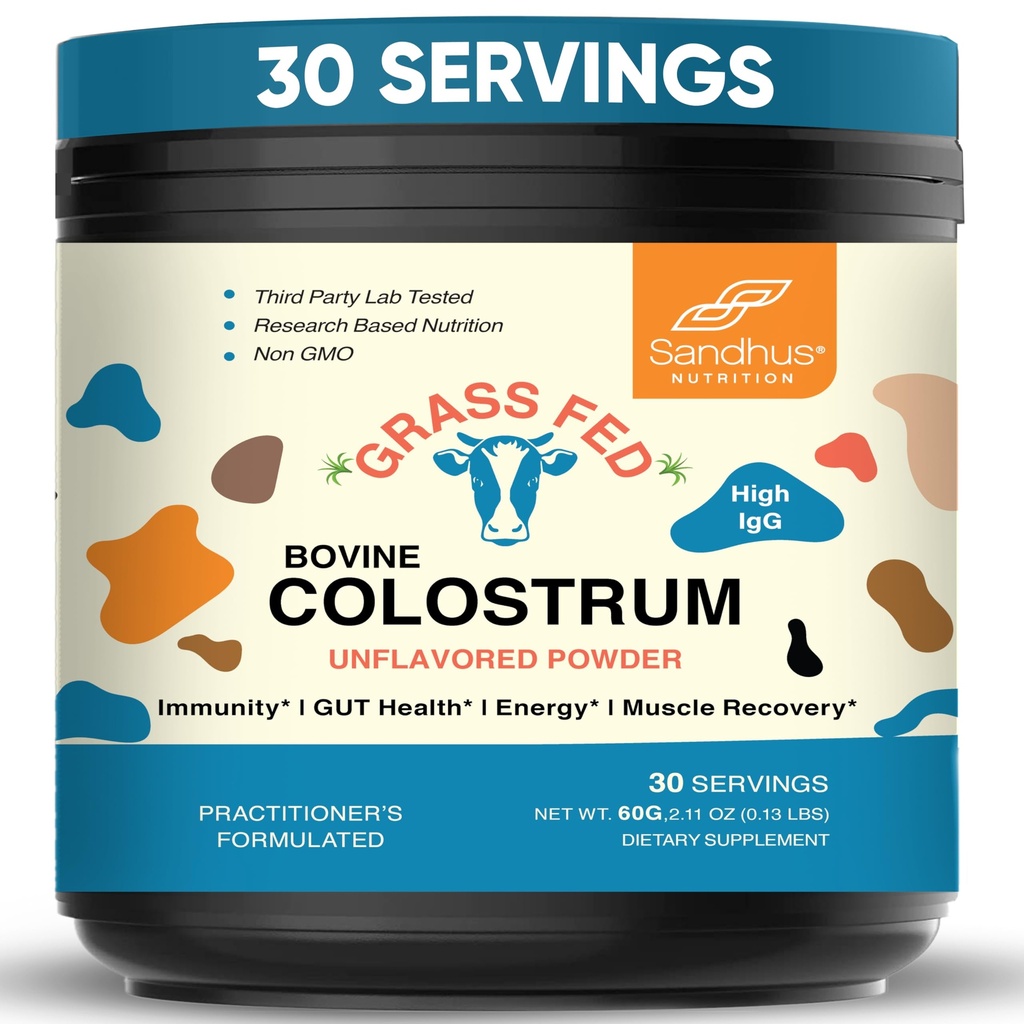 Sandhu's Grass Fed Bovine Colostrum Powder for Humans, Adults 30 Servings (Pack of 1) Cows Supplement 