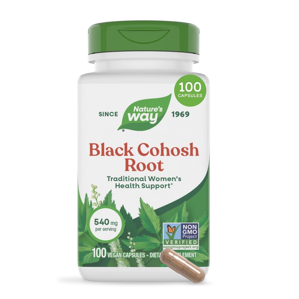 Nature's Way Black Cohosh Root, Traditional Support for Women's Health*, 540 mg per Serving, Non-GMO Project Overené, 100 Kapsule