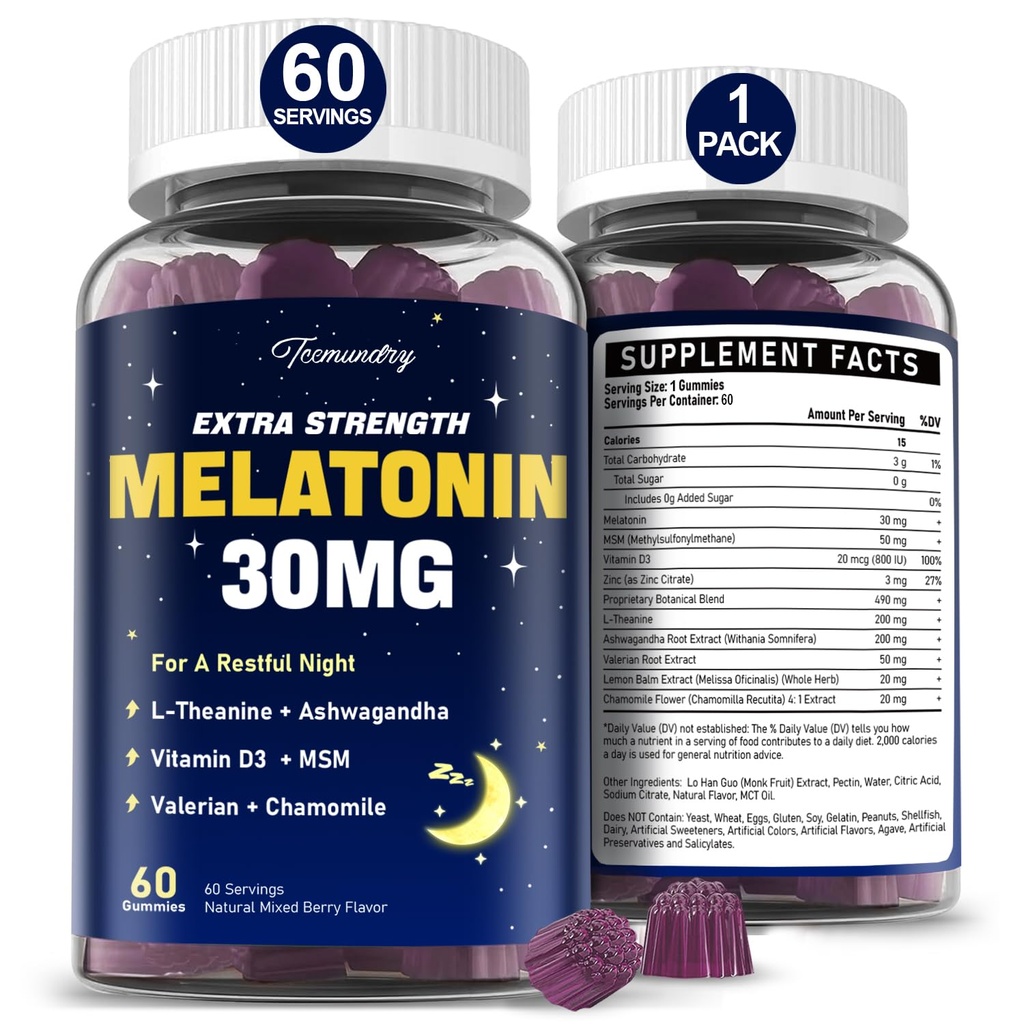 Melatonin Gummies 30mg for Adults: Maximum Strength Melatonin Supplement with L-Theanine, Ashwagandha, MSM, Vitamin D3 & Zinc - Non-Habit Forming, Natural Mixed Berry Flavor 60 Count (Pack of 1)