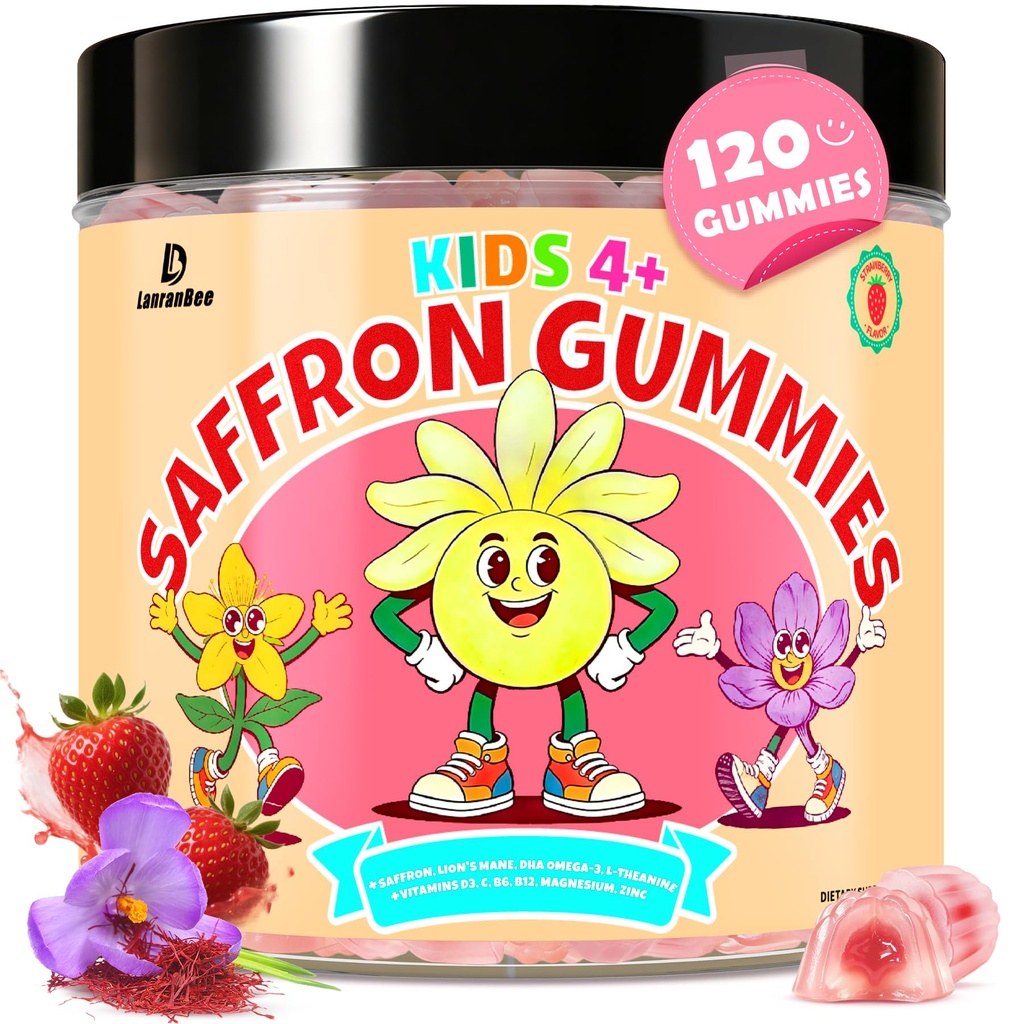 Saffron Gummies for Kids & Adults – Calm Focus Mood Support Gummies for Kids 4+ with Magnesium Glycinate, Vegan Omega-3 DHA EPA, L-Theanine, Lion’s Mane, Brain & Immune Support, Sugar Free,120 Ct