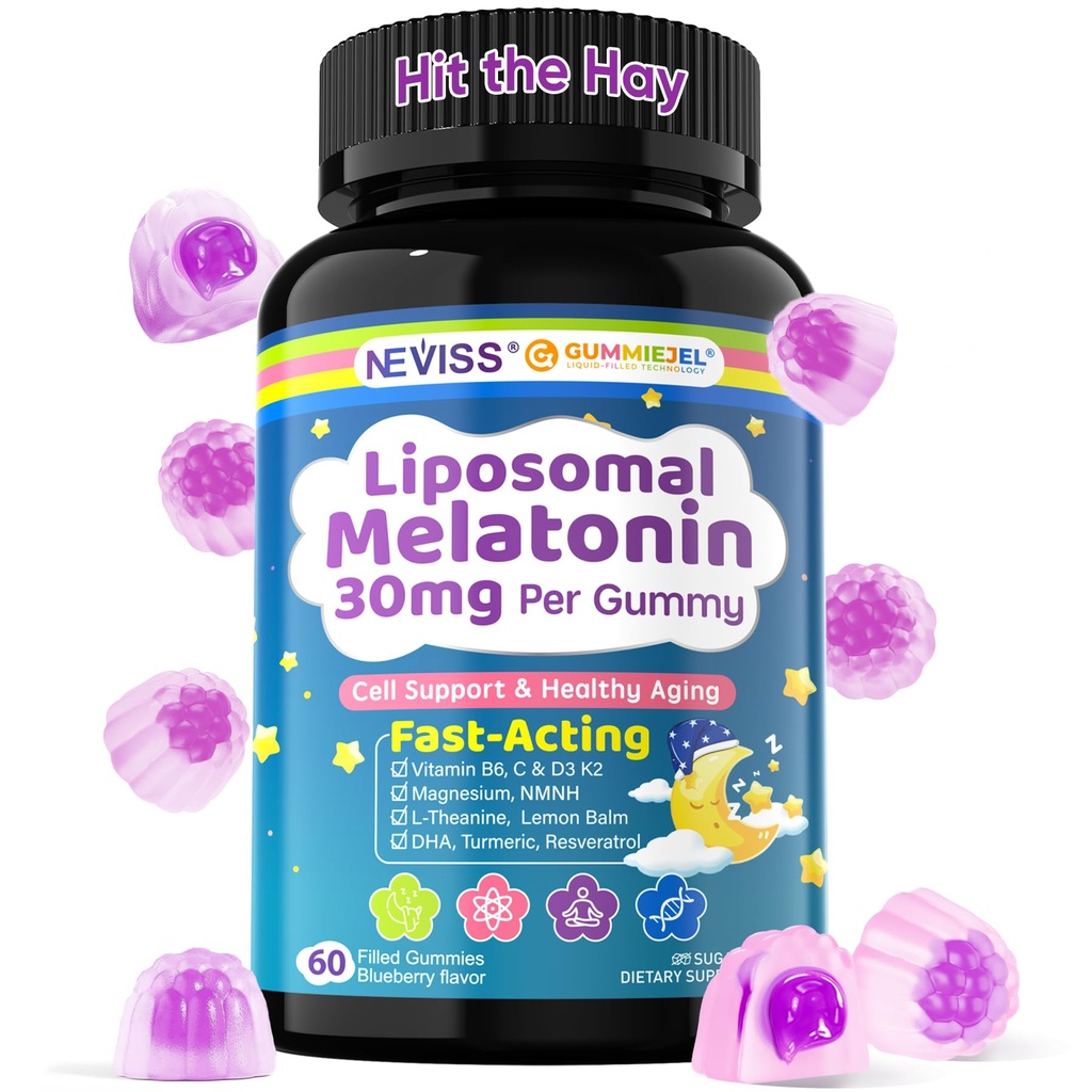 NEVISS Liposomal Melatonin 30mg Per Gummy for Antioxidant/Brain, Extra Strength High Dose, for Adults 45 50 60 70+ Sleep, Folate | ALA | DHA | Lions Mane | Resveratrol | Cognition, Cell, Healthy-Aging