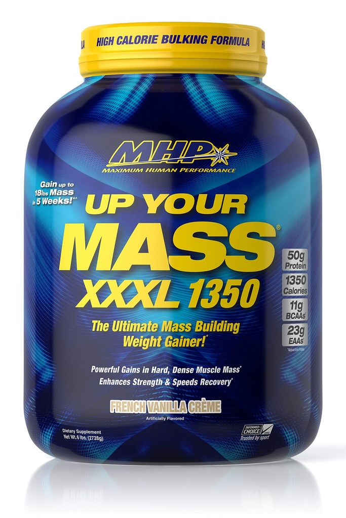 Maximum Human Performance MHP UYM XXXL 1350 Mass Building Weight Gainer, Muscle Mass Gains, w/50g Protein, High Calories, 11g BCAA, Leucine, French Vanilla Creme, 8 Servings