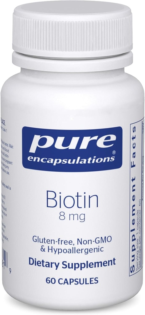 Pure Encapsulations Biotin 8 mg - B Vitamín doplnok k pomoci úľave od stresu, vlasy, koža a nechty Posilnenie, Metabolizmus, Karbohydrát Podpora a nervový systém* - s Premium Biotin - 60 Kapsule