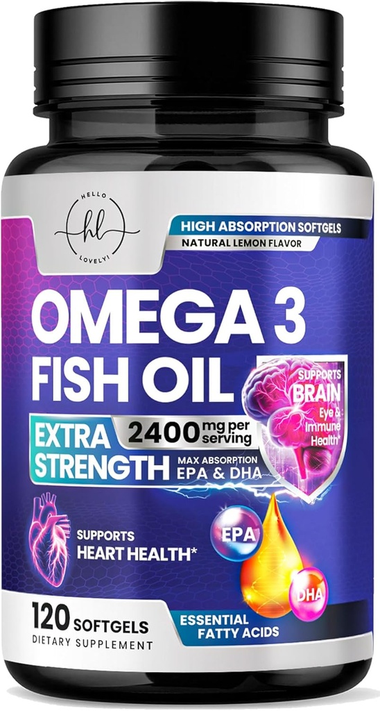 Omega 3 rybí olej doplnky 2400mg - Trojitá sila Omega 3 mastné kyseliny, prírodné zdravie srdca mozog a spoločná podpora - mastné kyseliny s EPA & DHA - Wild Caught Fish Oil Supplement - 120 Softgels