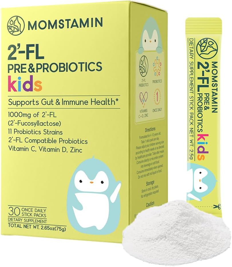 MOMSTAMIN 2'-FL HMO Prebiotiká a probiotiká pre deti, 1000mg ľudského mlieka Oligosacharid 2'-FL prášok, patentovaný 11 kmene, zdravý Gut Mikrobiome, Immune & Digestive Supplement, IBS Relief - 30 Sticks