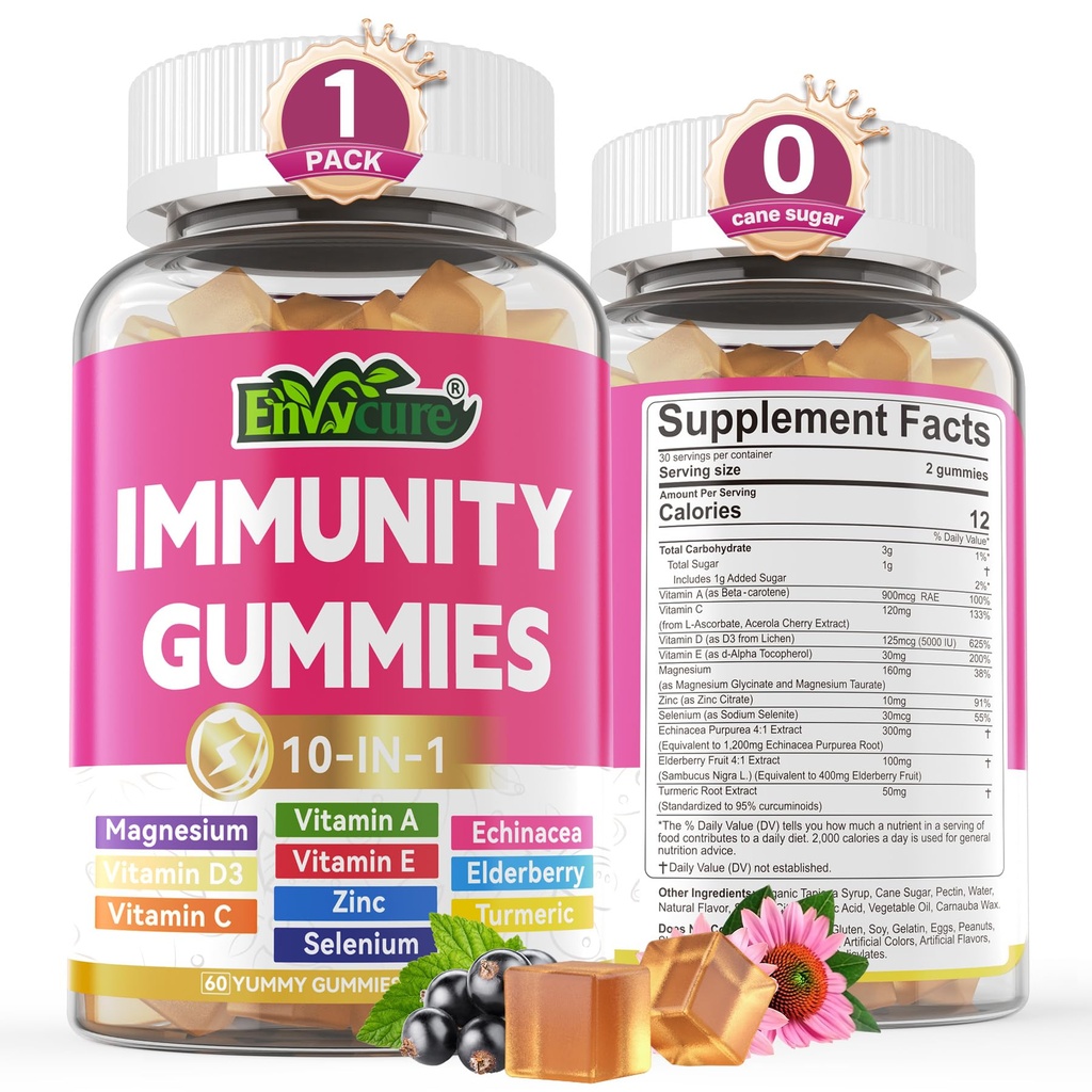 10 in 1 Imunitná podpora Supplement Gummies, w/ Echinacea, Vitamín C a zinok v bazových plodoch, selén, vitamín D3 5000IU, horčík, denná imunita posilňovacia multivitamín, pre antioxidant kosť energie, 1 balenie