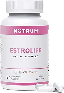 Estrolife Anti-Aging Podpora pre ženy Nutrum, Vegan doplnok pre dlho trvajúce ženy Hormonálna rovnováha, Ovariálne funkcie, Hydratácia kože, Elastickosť a pevnosť, Menopauza Relief, 60 Kapsule