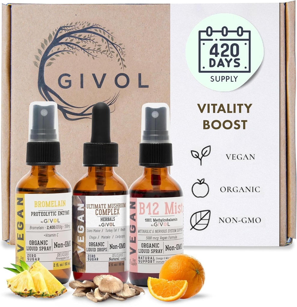 Vitality Boost Bundle Liquid Spray - Ultimate Mushrom Complex, Hypromelain, B12 Metylkobalamín - Kompletné Multivitamín - Rastlinné-založené, non-GMO, bez lepidla, bez cukru 2 Fl Oz (420 dní)