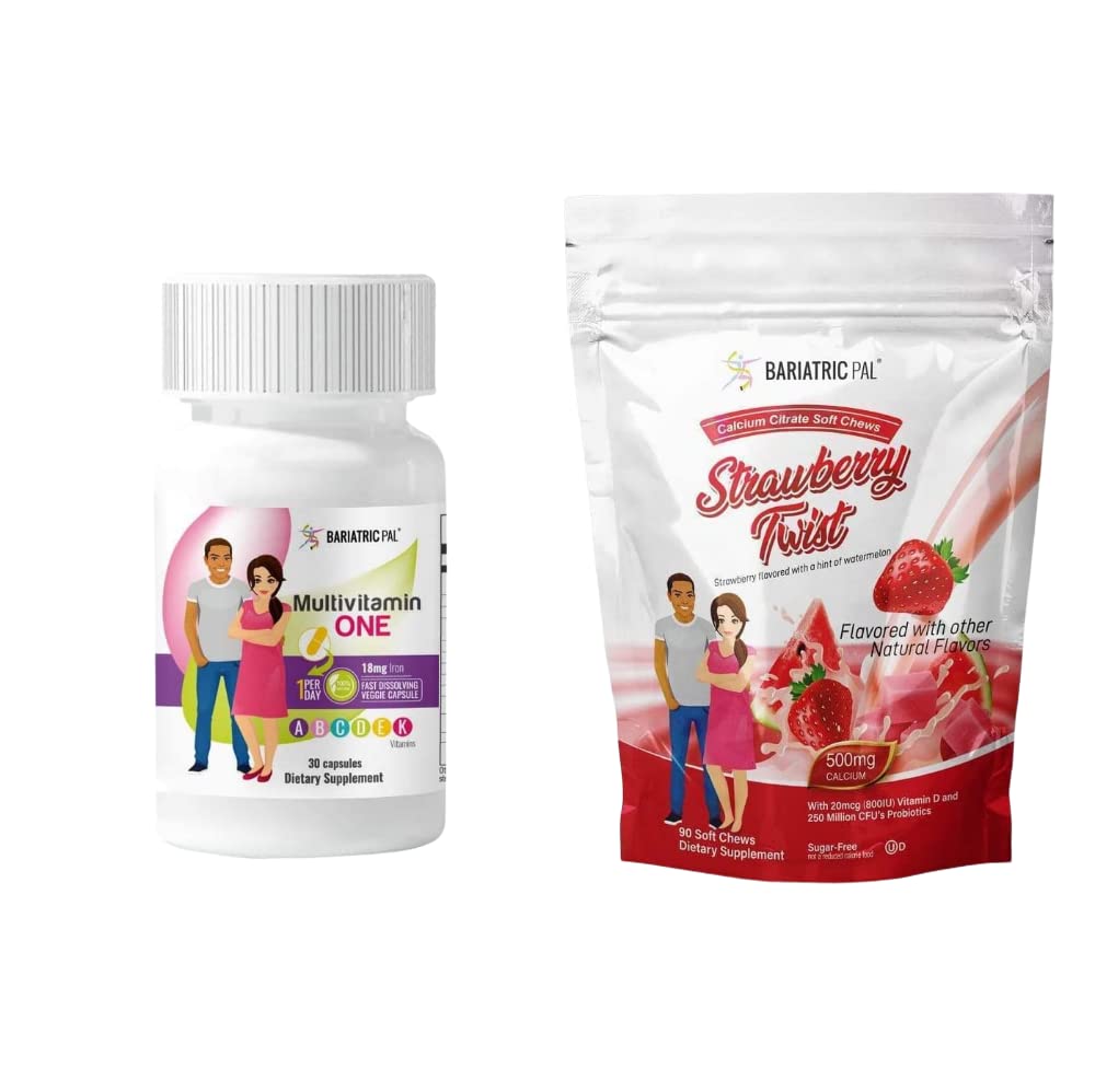BariatricPal 30-Day Bariatric Vitamin Bundle (Multivitamin ONE 1 per Day! Capsule with 18mg Iron and Calcium Citrate Soft Chews 500mg with Probiotics - Strawberry Twist)