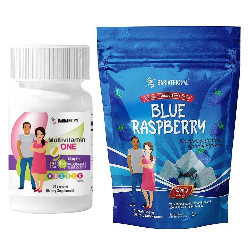 BariatricPal 30-Day Bariatric Vitamin Bundle (Multivitamin ONE 1 per Day! Capsule with 60mg Iron and Calcium Citrate Soft Chews 500mg with Probiotics - Blue Raspberry)