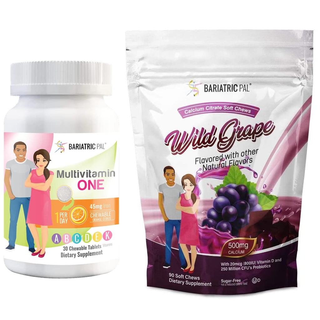 BariatricPal 30-Day Bariatric Vitamin Bundle (Multivitamin ONE 1 per Day! with 45mg Iron Chewable - Orange Citrus and Calcium Citrate Soft Chews 500mg with Probiotics - Wild Grape)