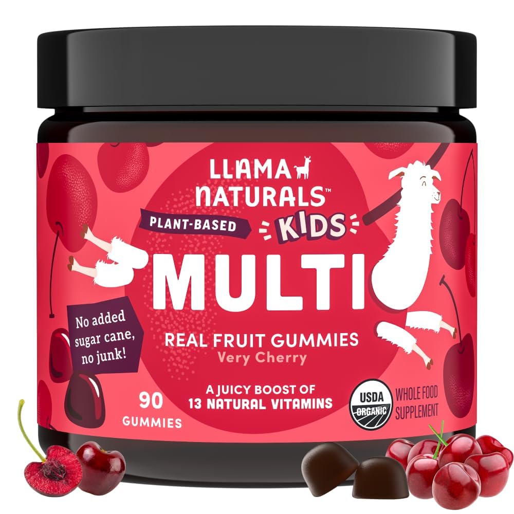 Llama Naturals Kids Multivitamínové Gummies, Vegan, Organické s vitamínom D, C & K, Batoľa skutočné ovocie Gummy vitamíny, žuvacie doplnok, celý potravinový multivitamín, žiadny pridaný cukor trstiny, Cherry, 90 Ct