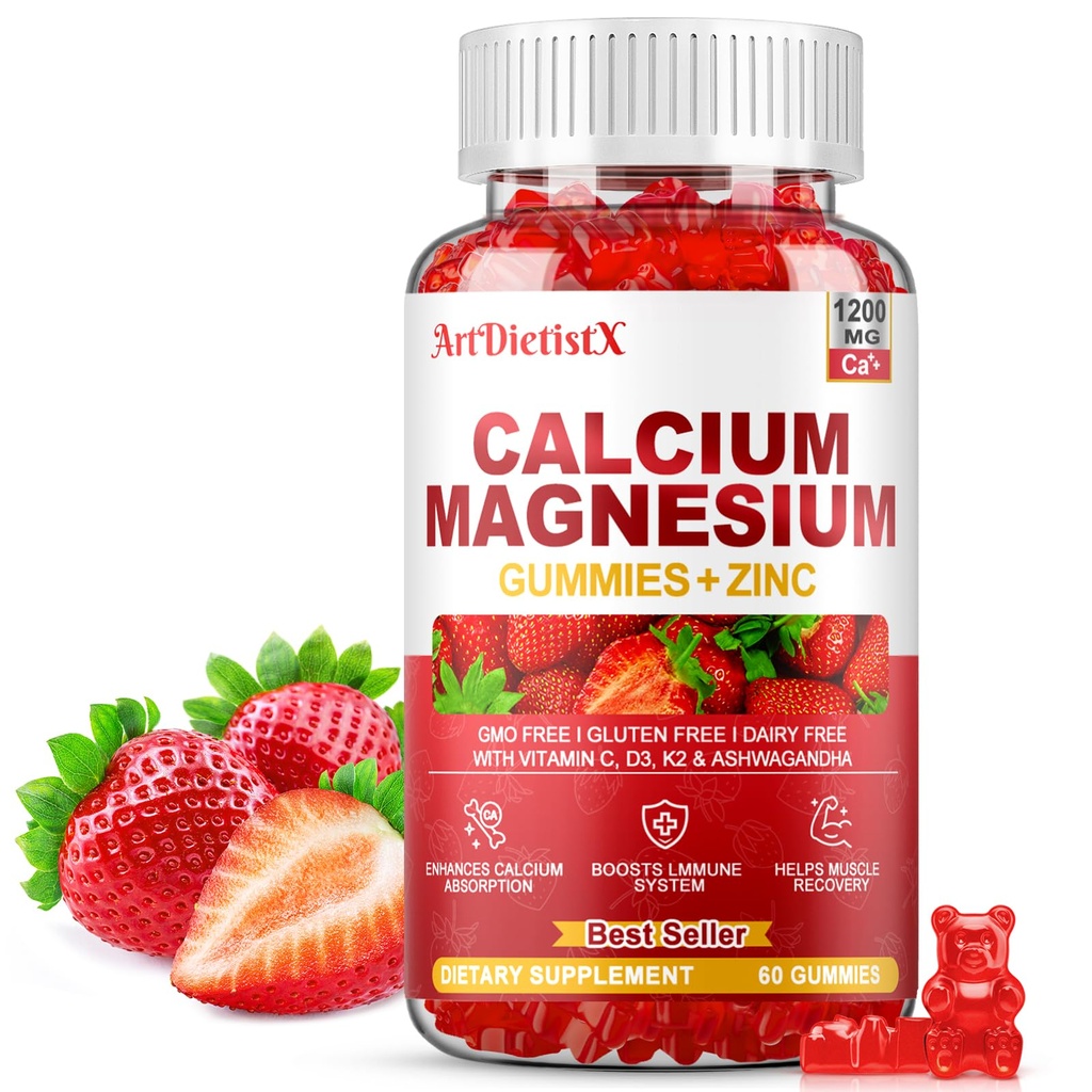 Calcium Magnesium Zinc Gummies with Vitamin D3 for Adults, Calcium Citrate 1200mg with K2, Boron, Copper and Ashwagandha, Absorption Calcium Supplement for Bone, Muscle, Immune for Men Women, 60 Count