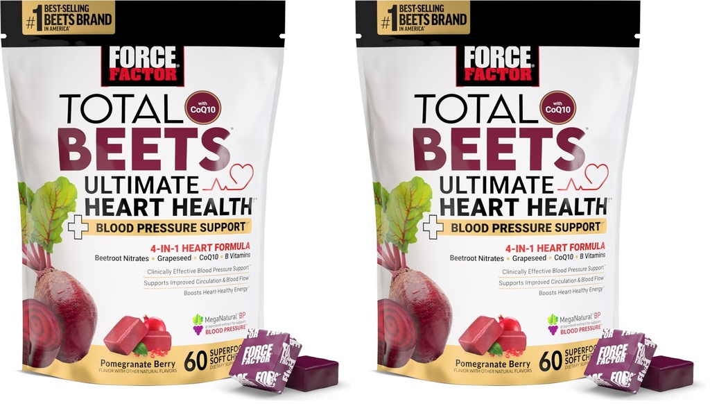 Force Factor Total Beets Ultimate Heart Health Chews for Blood Pressure Support,Beetroot Powder,CoQ10,B Vitamins&Grapeseed Extract for Blood Flow & Energy,Pomegranate Berry,60 Soft Chews,(Pack of 2)